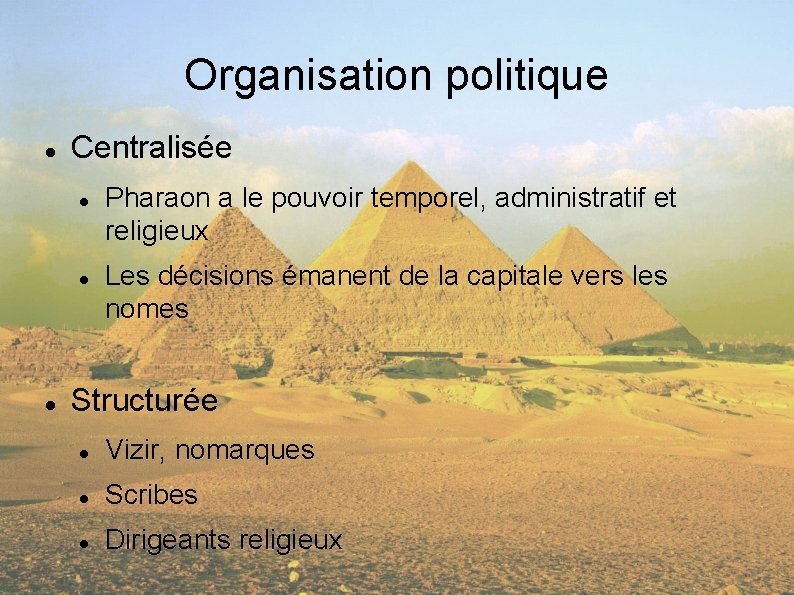 Organisation politique Centralisée Pharaon a le pouvoir temporel, administratif et religieux Les décisions émanent