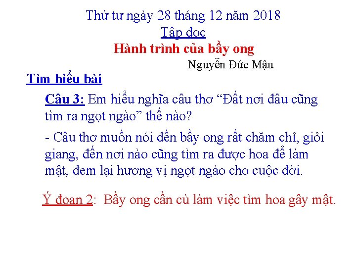 Thứ tư ngày 28 tháng 12 năm 2018 Tập đọc Hành trình của bầy