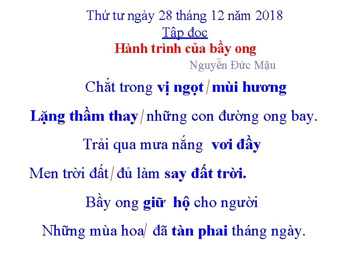 Thứ tư ngày 28 tháng 12 năm 2018 Tập đọc Hành trình của bầy