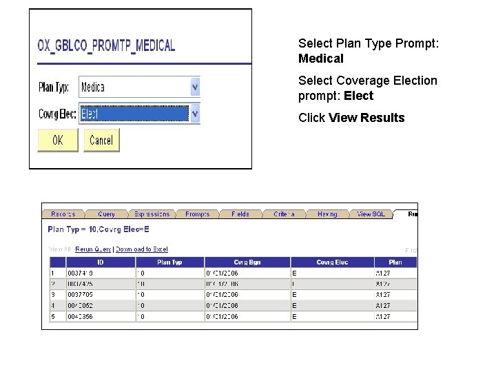 Select Plan Type Prompt: Medical Select Coverage Election prompt: Elect Click View Results 