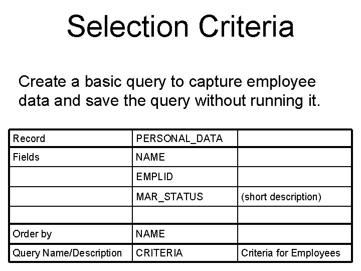 Selection Criteria Create a basic query to capture employee data and save the query