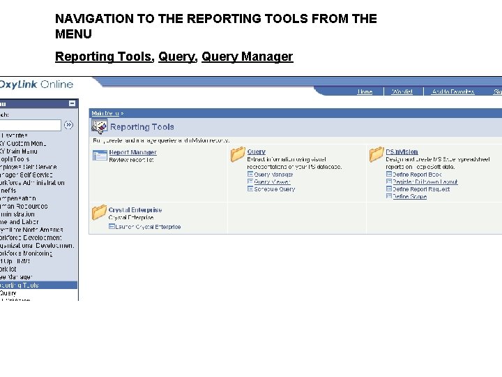 NAVIGATION TO THE REPORTING TOOLS FROM THE MENU Reporting Tools, Query Manager 