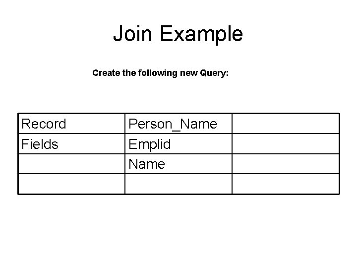 Join Example Create the following new Query: Record Fields Person_Name Emplid Name 