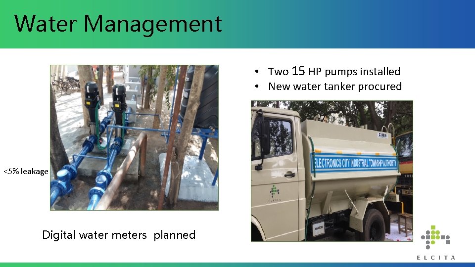 Water Management • Two 15 HP pumps installed • New water tanker procured <5%