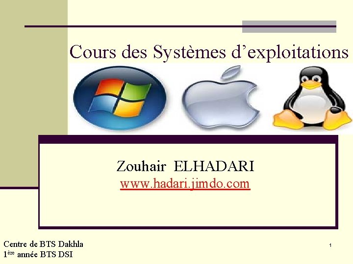 Cours des Systèmes d’exploitations Zouhair ELHADARI www. hadari. jimdo. com Centre de BTS Dakhla