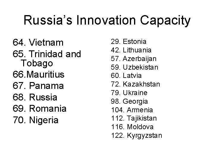 Russia’s Innovation Capacity 64. Vietnam 65. Trinidad and Tobago 66. Mauritius 67. Panama 68.