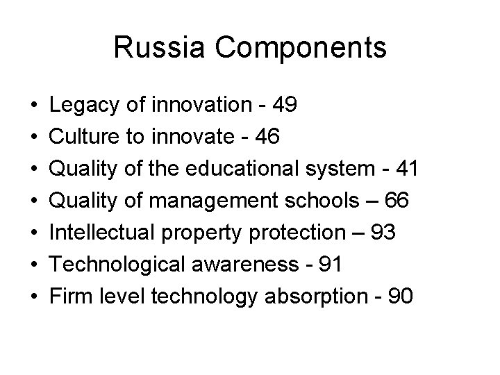 Russia Components • • Legacy of innovation - 49 Culture to innovate - 46