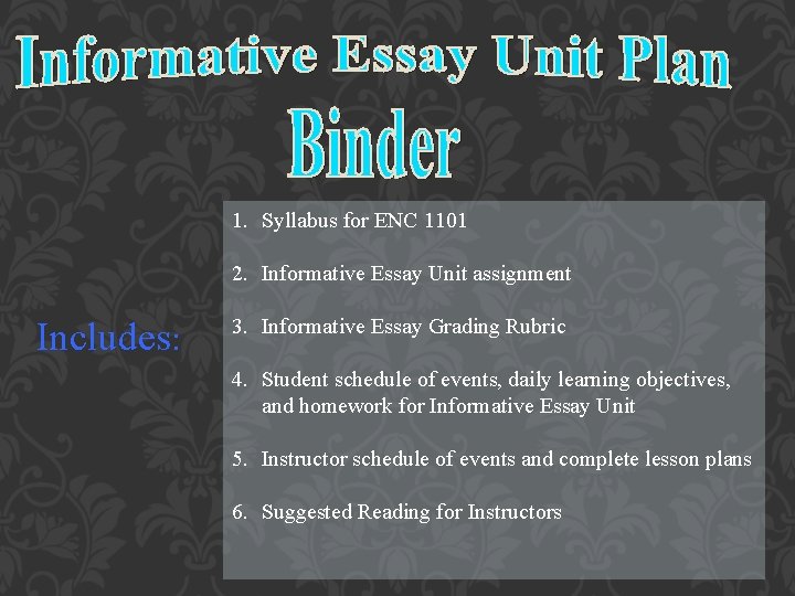 1. Syllabus for ENC 1101 2. Informative Essay Unit assignment Includes: 3. Informative Essay 1. Syllabus for ENC 1101 2. Informative Essay Unit assignment Includes: 3. Informative Essay