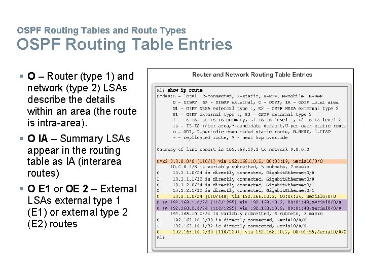 OSPF Routing Tables and Route Types OSPF Routing Table Entries § O – Router