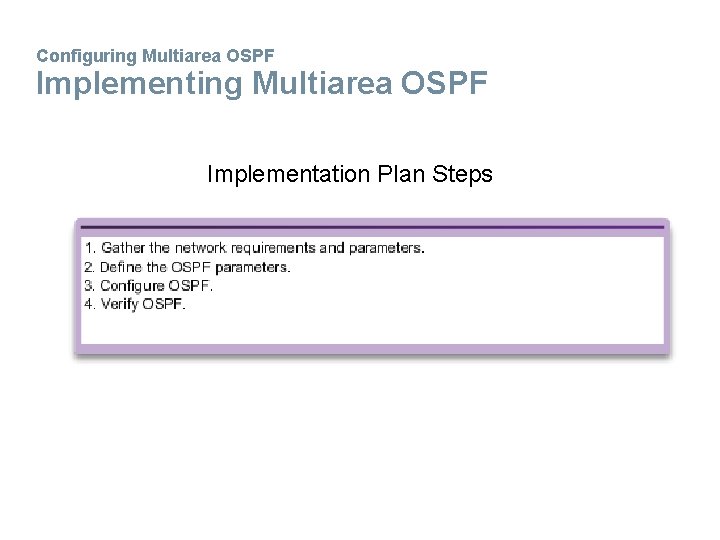 Configuring Multiarea OSPF Implementation Plan Steps 
