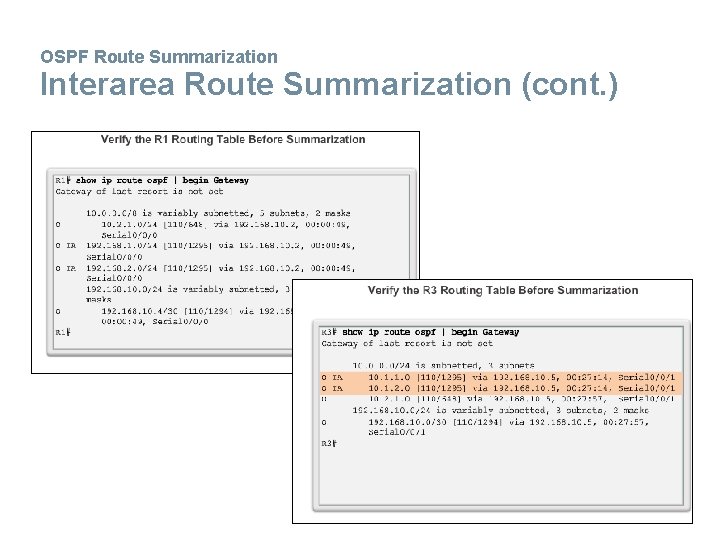 OSPF Route Summarization Interarea Route Summarization (cont. ) 