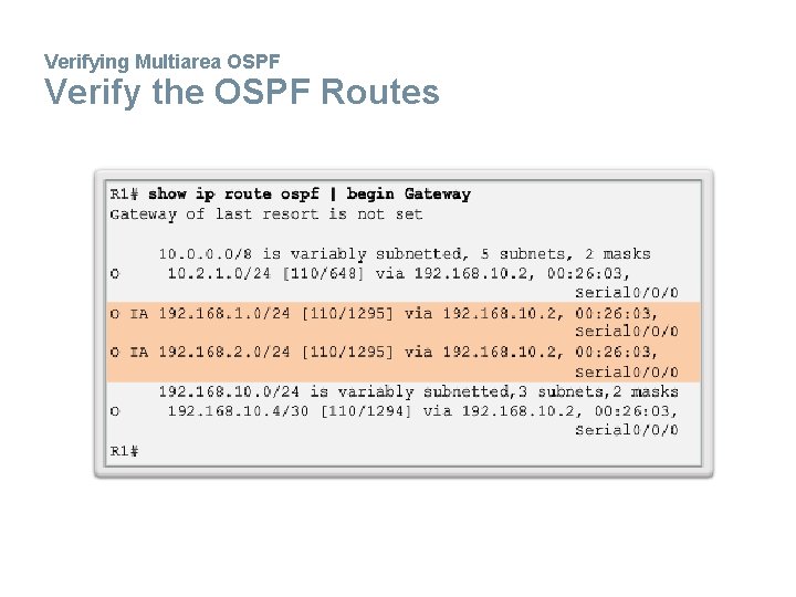 Verifying Multiarea OSPF Verify the OSPF Routes 