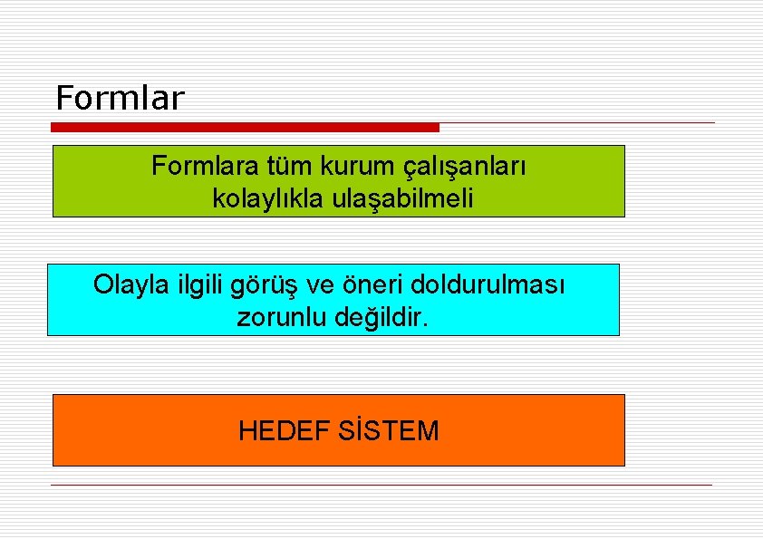 Formlara tüm kurum çalışanları kolaylıkla ulaşabilmeli Olayla ilgili görüş ve öneri doldurulması zorunlu değildir.