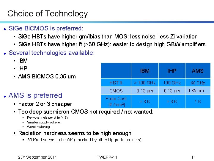 Choice of Technology Si. Ge Bi. CMOS is preferred: § Si. Ge HBTs have