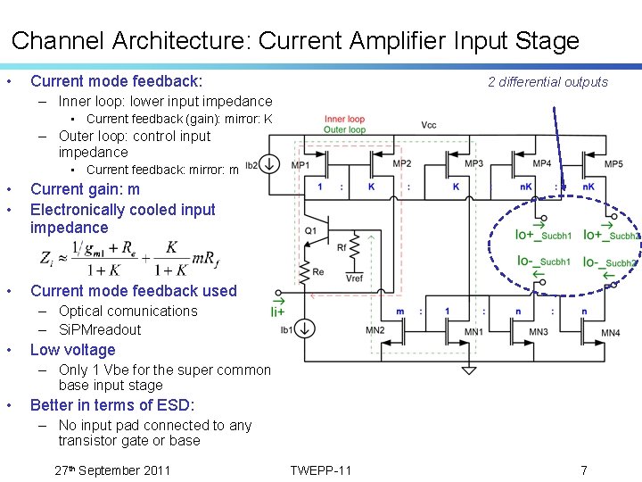 Channel Architecture: Current Amplifier Input Stage • Current mode feedback: 2 differential outputs –