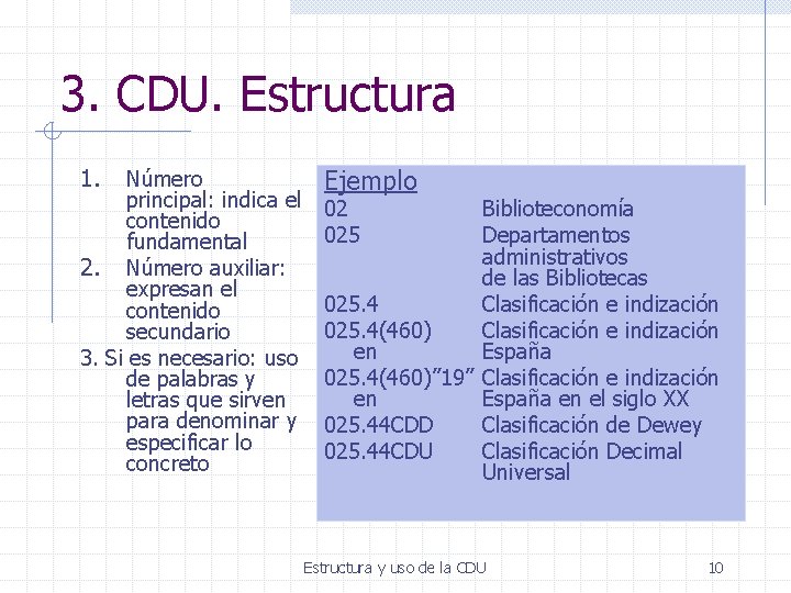 3. CDU. Estructura 1. Número principal: indica el contenido fundamental 2. Número auxiliar: expresan