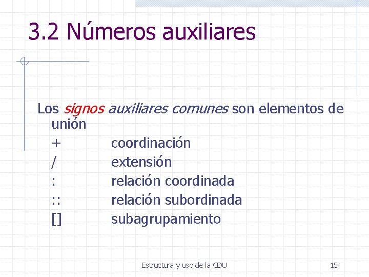 3. 2 Números auxiliares Los signos unión + / : : : [] auxiliares