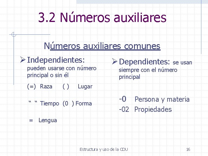 3. 2 Números auxiliares comunes Ø Independientes: pueden usarse con número principal o sin