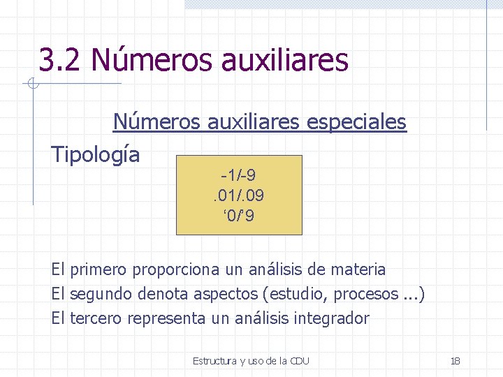 3. 2 Números auxiliares especiales Tipología -1/-9. 01/. 09 ‘ 0/’ 9 El primero