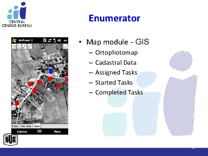 Enumerator • Map module - GIS – – – Ortophotomap Cadastral Data Assigned Tasks