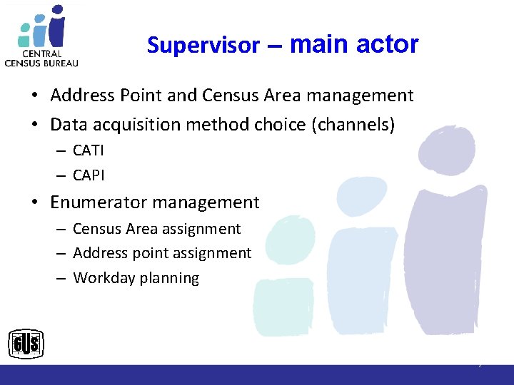Supervisor – main actor • Address Point and Census Area management • Data acquisition