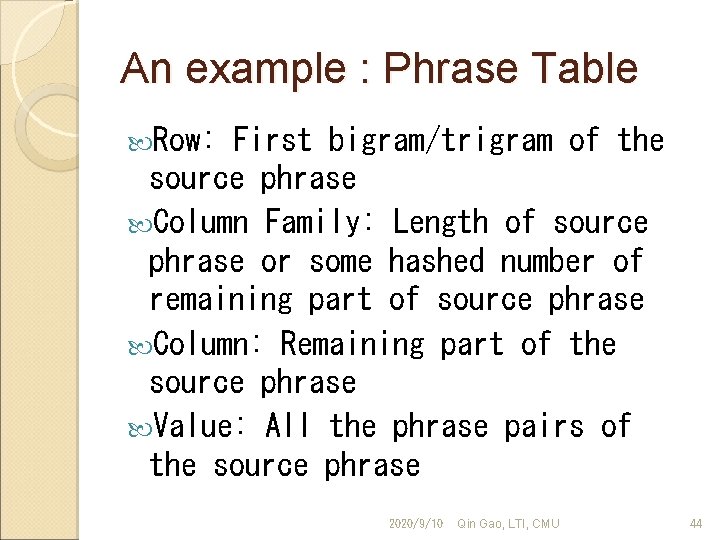 An example : Phrase Table Row: First bigram/trigram of the source phrase Column Family: