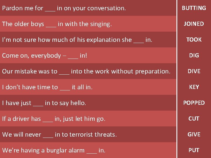 Pardon me for ___ in on your conversation. The older boys ___ in with