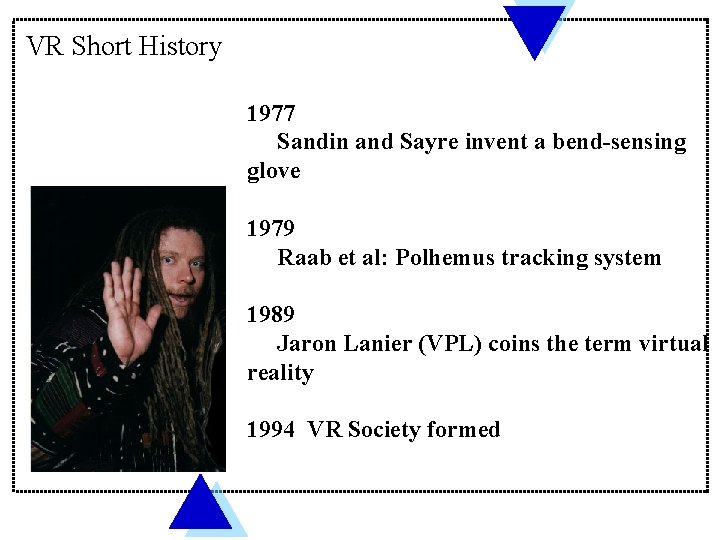 VR Short History 1977 Sandin and Sayre invent a bend-sensing glove 1979 Raab et