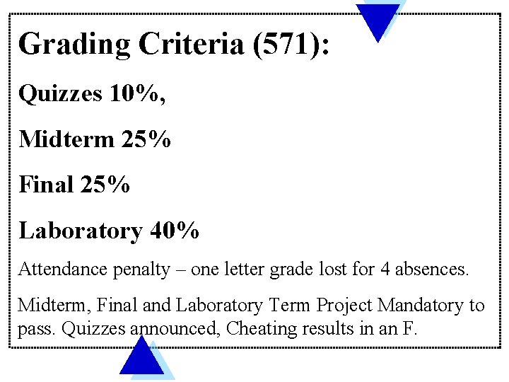 Grading Criteria (571): Quizzes 10%, Midterm 25% Final 25% Laboratory 40% Attendance penalty –