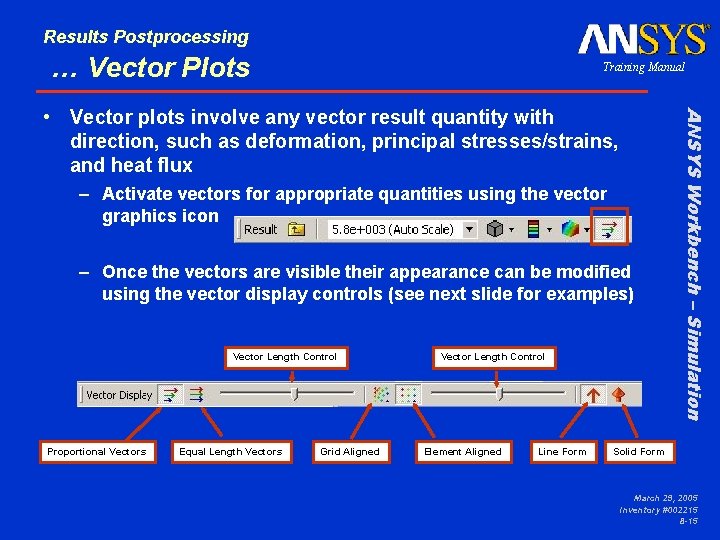 Results Postprocessing … Vector Plots Training Manual – Activate vectors for appropriate quantities using