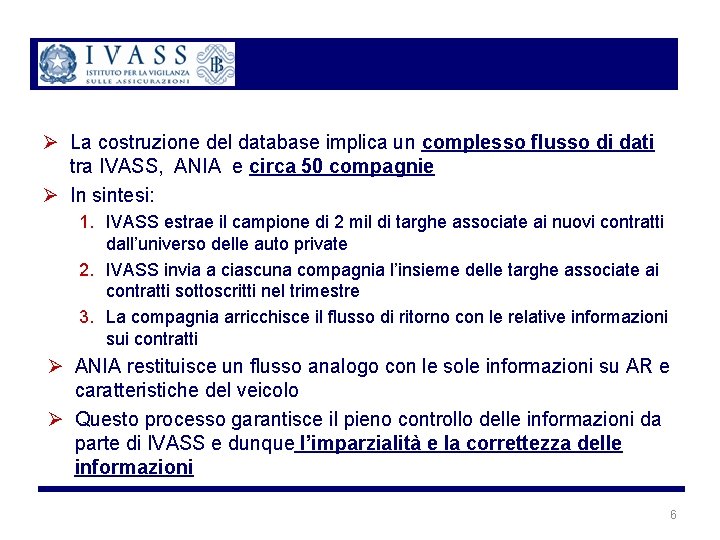 Ø La costruzione del database implica un complesso flusso di dati tra IVASS, ANIA