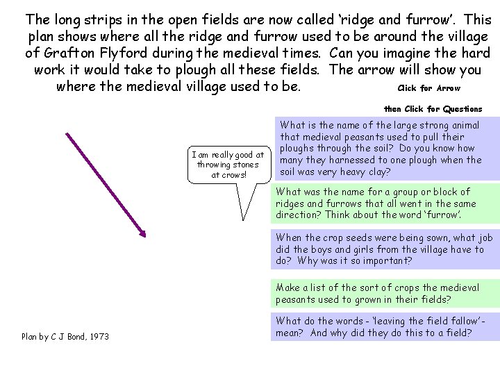 The long strips in the open fields are now called ‘ridge and furrow’. This