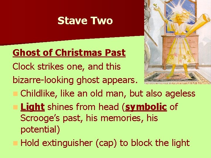 Stave Two Ghost of Christmas Past Clock strikes one, and this bizarre-looking ghost appears.