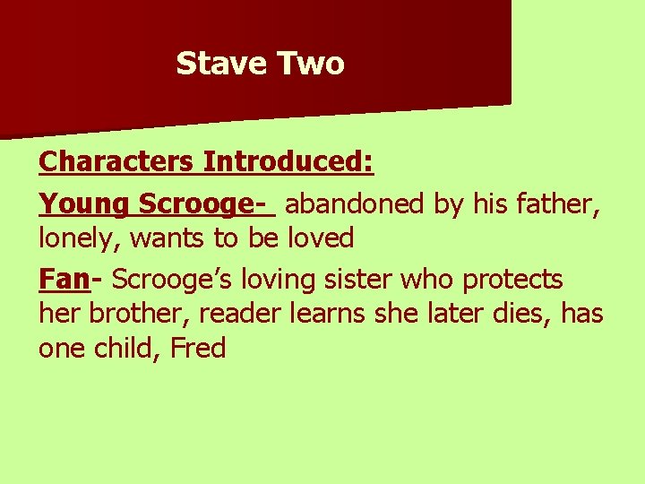 Stave Two Characters Introduced: Young Scrooge- abandoned by his father, lonely, wants to be