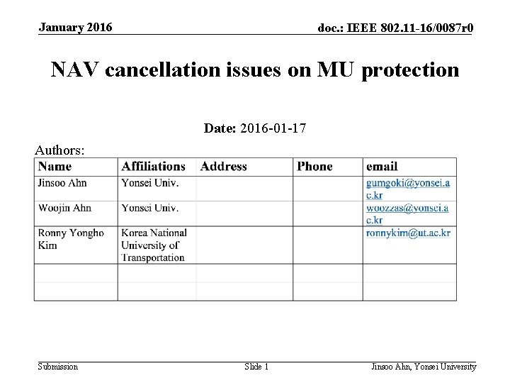 January 2016 doc. : IEEE 802. 11 -16/0087 r 0 NAV cancellation issues on