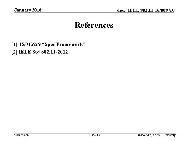 January 2016 doc. : IEEE 802. 11 -16/0087 r 0 References [1] 15/0132 r