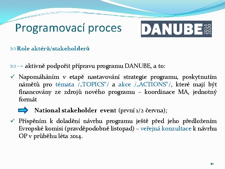 Programovací proces Role aktérů/stakeholderů → aktivně podpořit přípravu programu DANUBE, a to: ü Napomáháním