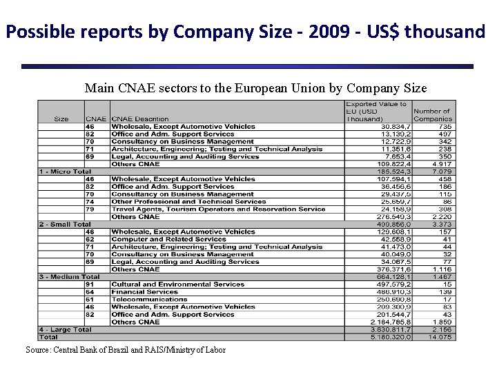 Possible reports by Company Size - 2009 - US$ thousand Main CNAE sectors to
