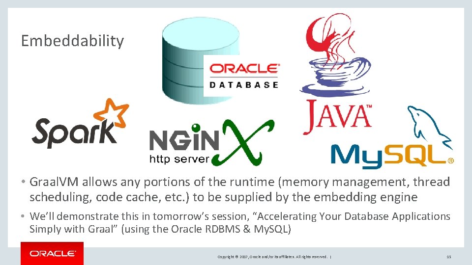 Embeddability • Graal. VM allows any portions of the runtime (memory management, thread scheduling,