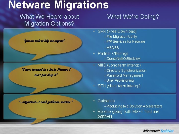 Netware Migrations What We Heard about Migration Options? What We’re Doing? • SFN (Free