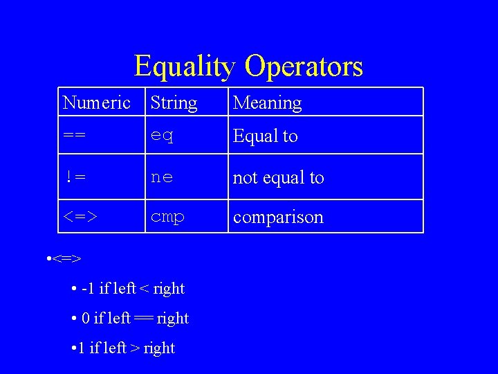 Equality Operators Numeric String Meaning == eq Equal to != ne not equal to Equality Operators Numeric String Meaning == eq Equal to != ne not equal to
