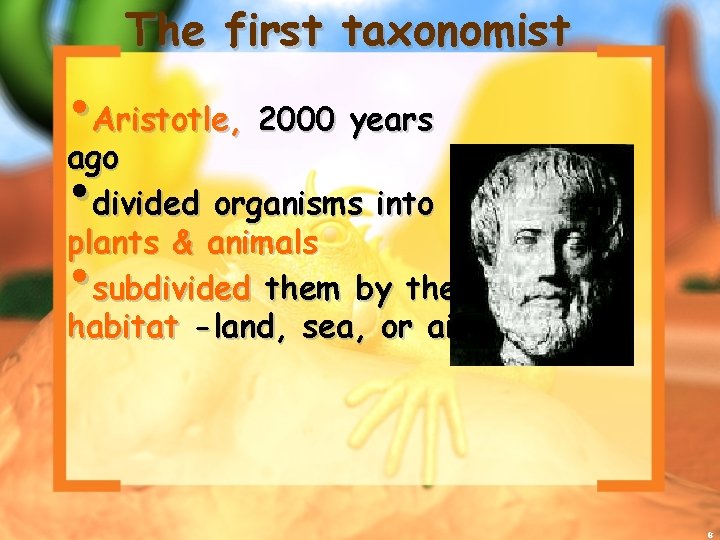 The first taxonomist • Aristotle, 2000 years ago • divided organisms into plants &