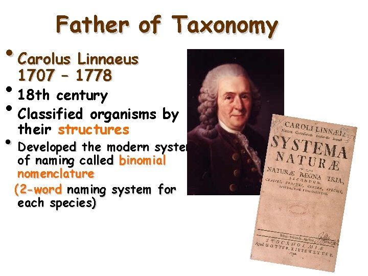 Father of Taxonomy • Carolus Linnaeus 1707 – 1778 • 18 th century •