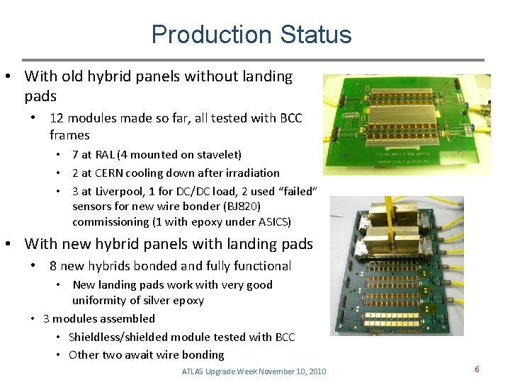 Production Status • With old hybrid panels without landing pads • 12 modules made