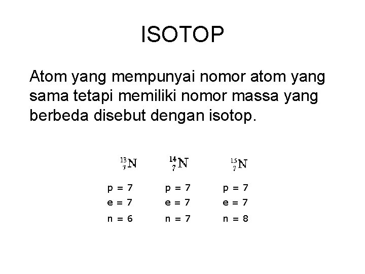 ISOTOP Atom yang mempunyai nomor atom yang sama tetapi memiliki nomor massa yang berbeda