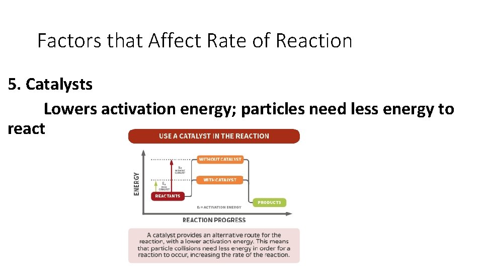 Factors that Affect Rate of Reaction 5. Catalysts Lowers activation energy; particles need less