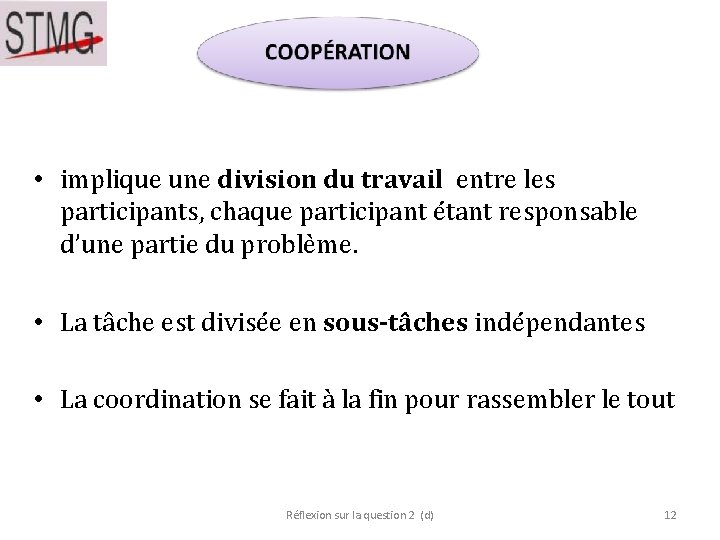 • implique une division du travail entre les participants, chaque participant étant responsable • implique une division du travail entre les participants, chaque participant étant responsable