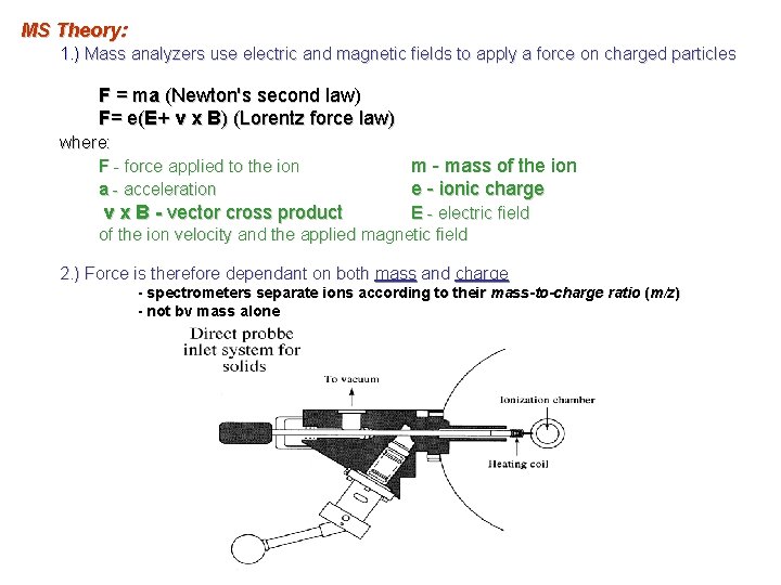 MS Theory: 1. ) Mass analyzers use electric and magnetic fields to apply a