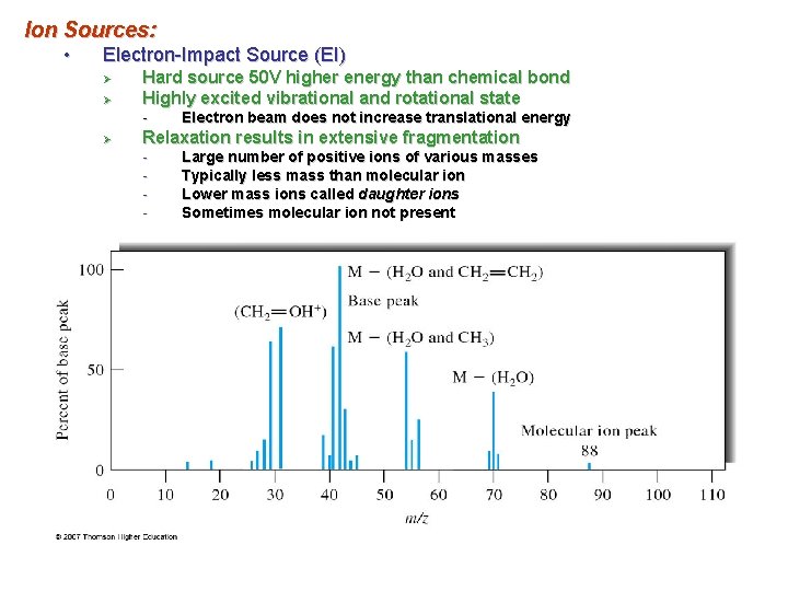 Ion Sources: • Electron-Impact Source (EI) Ø Ø Hard source 50 V higher energy