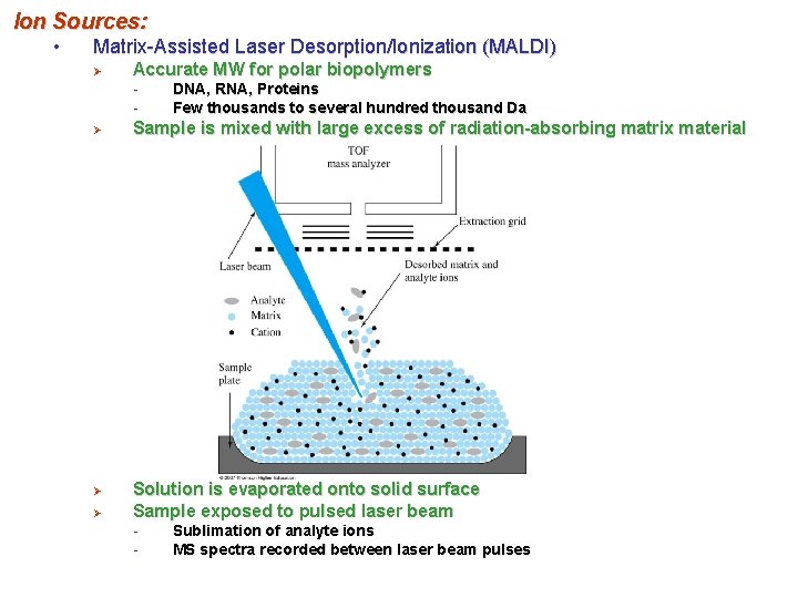 Ion Sources: • Matrix-Assisted Laser Desorption/Ionization (MALDI) Ø Accurate MW for polar biopolymers -